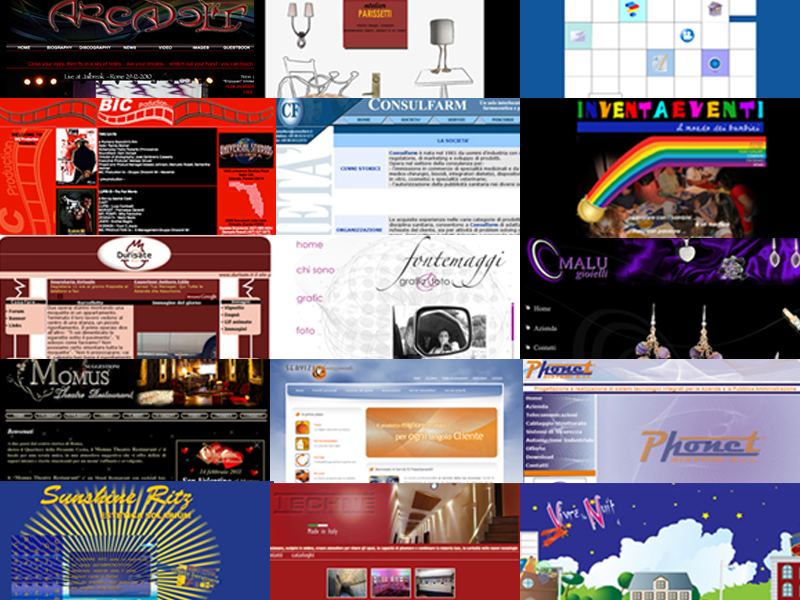 Collage di alcuni tra i siti vetrina sviluppati in html con animazioni in Adobe Flash (tecnologia oggi non più supportata)
